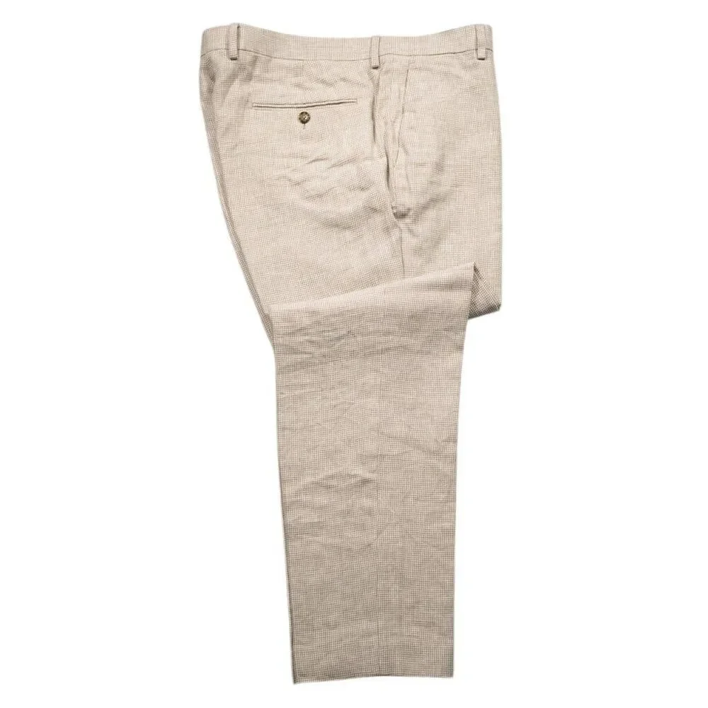 J.Crew Mens Dress Pants Beige Check 100% Linen Thompson Tapered Flat Front 38x31